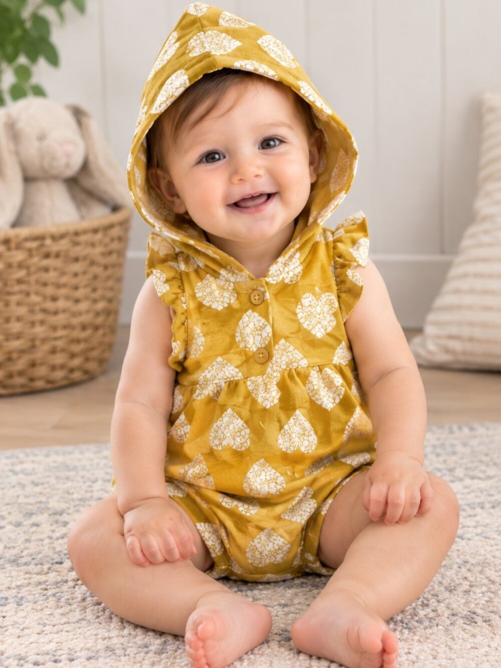 Carter’s Baby Hooded Romper Mustard Yellow Heart Print 9M